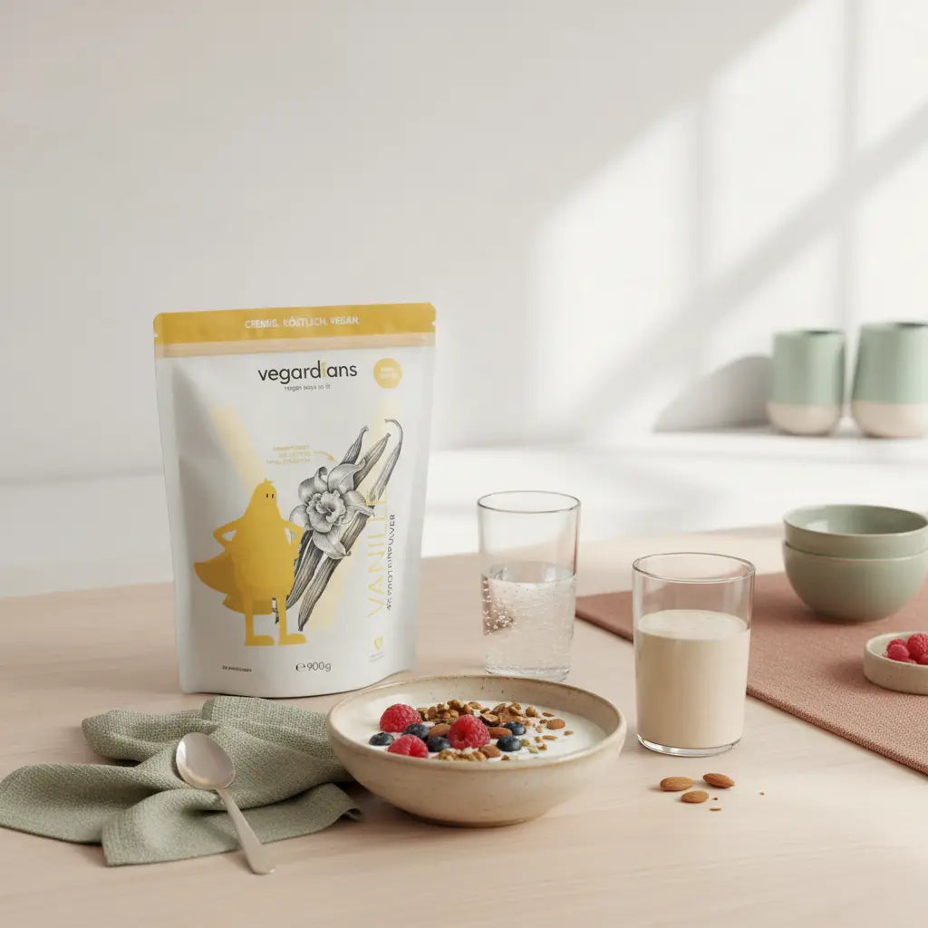 Minimalistische Küchen-Tischszene mit veganem Proteinfrühstück, Glas Wasser und Vegardians-Produkt auf nachhaltigem Holztisch im Morgenlicht – abnehmen mit über 40