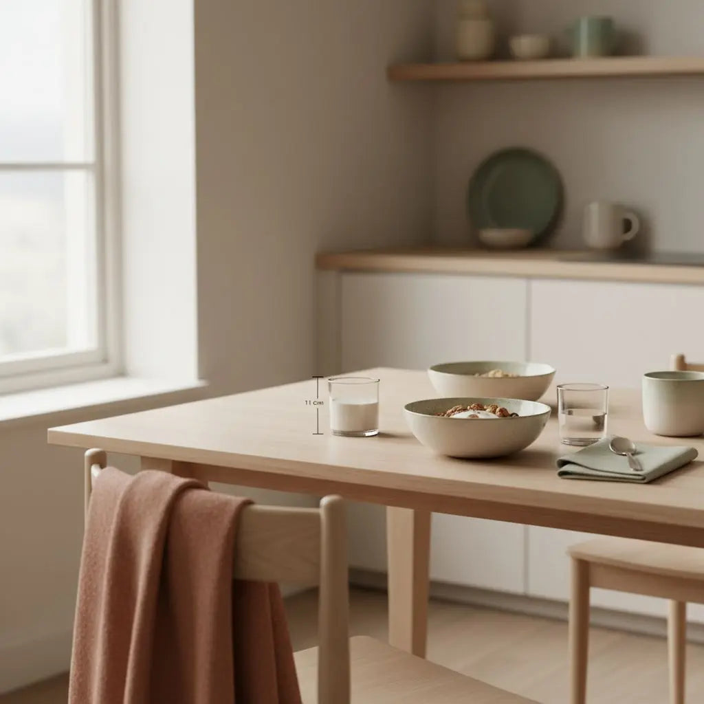 Veganes Frühstück mit Granola, Joghurt, Nüssen und Shake auf nachhaltigem Tisch in minimalistischer europäischer Küche im Morgenlicht – abnehmen nach 40