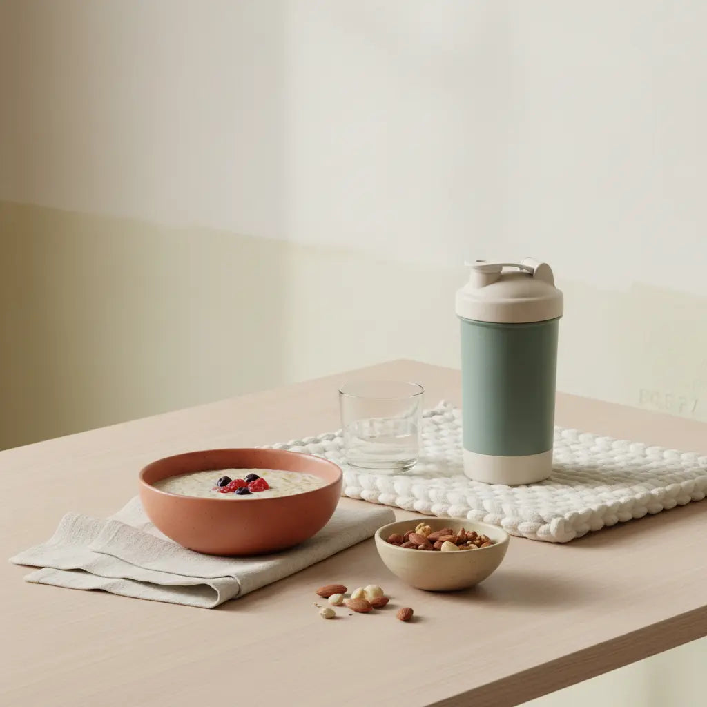 Minimalistische Morgenküche mit Porridge, Glas Wasser, Nüssen und neutralem Proteinshaker auf nachhaltigem Holztisch in Salbei- und Beigetönen — abnehmen ohne diät