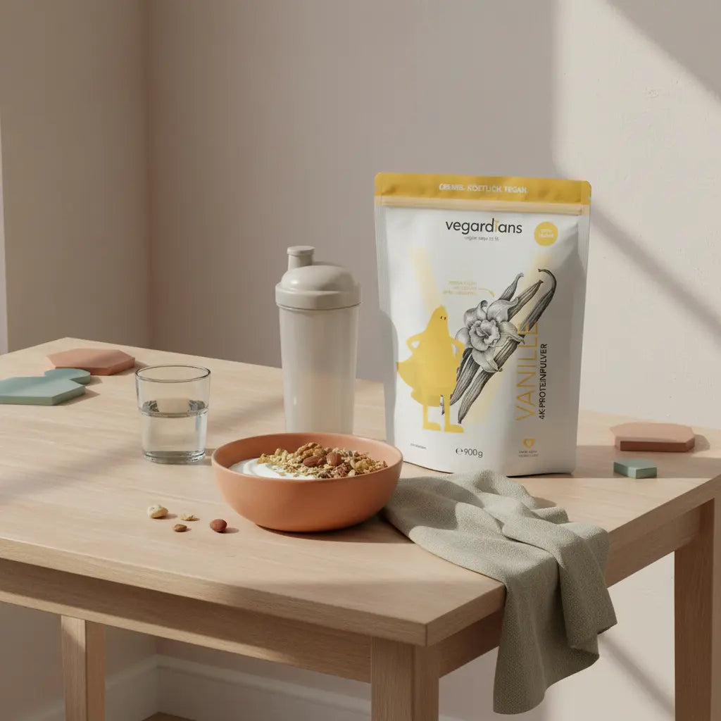 Minimalistische Morgenaufnahme: nachhaltiger Holztisch mit Müsli, pflanzlichem Joghurt, Nüssen und Shake im sanften Licht — Inspiration zum abnehmen ohne fitnessstudio.