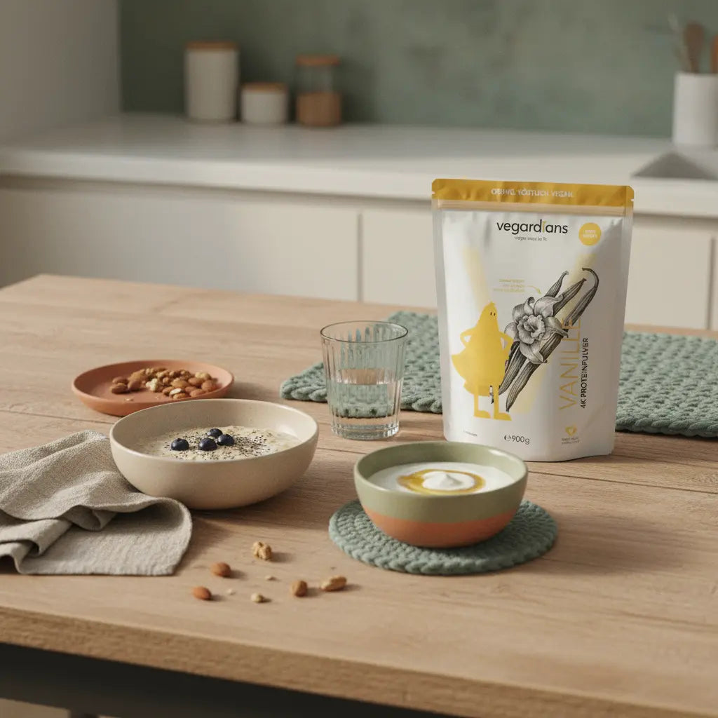 Minimalistisches Morgenfrühstück mit Haferbrei, Sojajoghurt, Nüssen und Vegardians-Produkt auf nachhaltigem Tisch im sanften Licht – abnehmen ohne sport