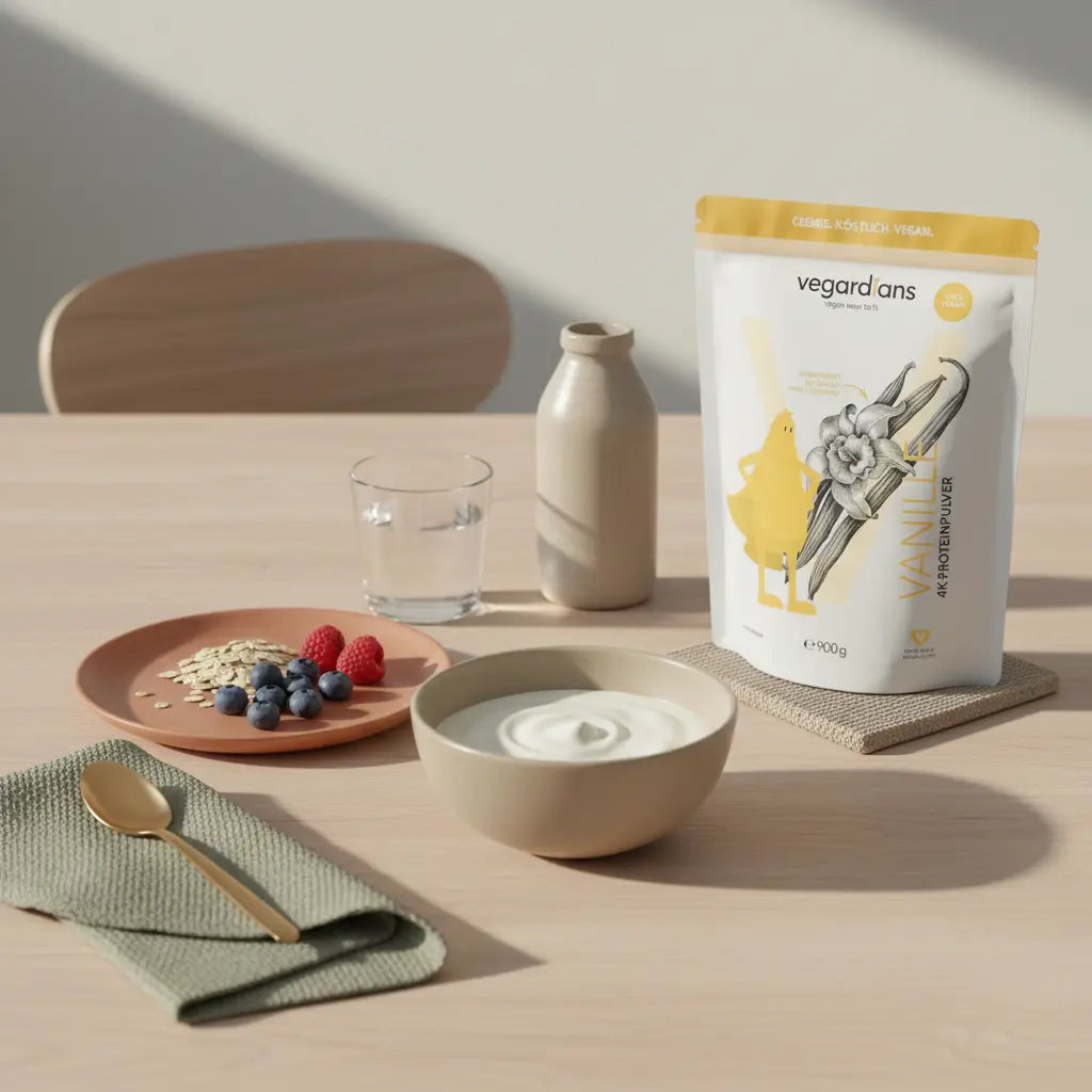 Minimalistisches Frühstück auf nachhaltigem Holztisch mit Müsli, Beeren, pflanzlichem Joghurt, neutralem Protein‑Shake und Vegardians‑Produkt im sanften Morgenlicht – abnehmen tipps