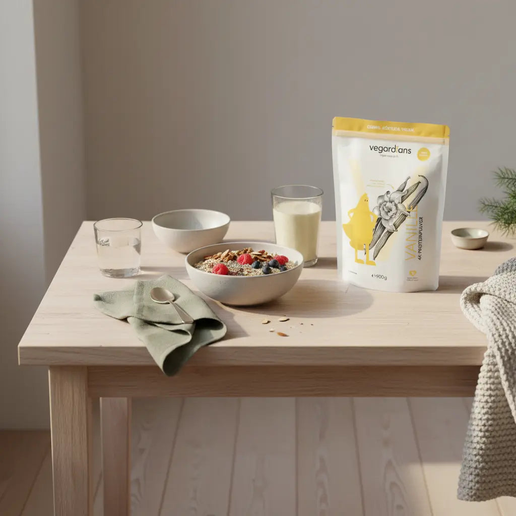 Veganes Frühstück mit Hafer, Nüssen, Beeren und Shake auf nachhaltigem Holztisch im Morgenlicht – bewusstes Essen zum Abnehmen