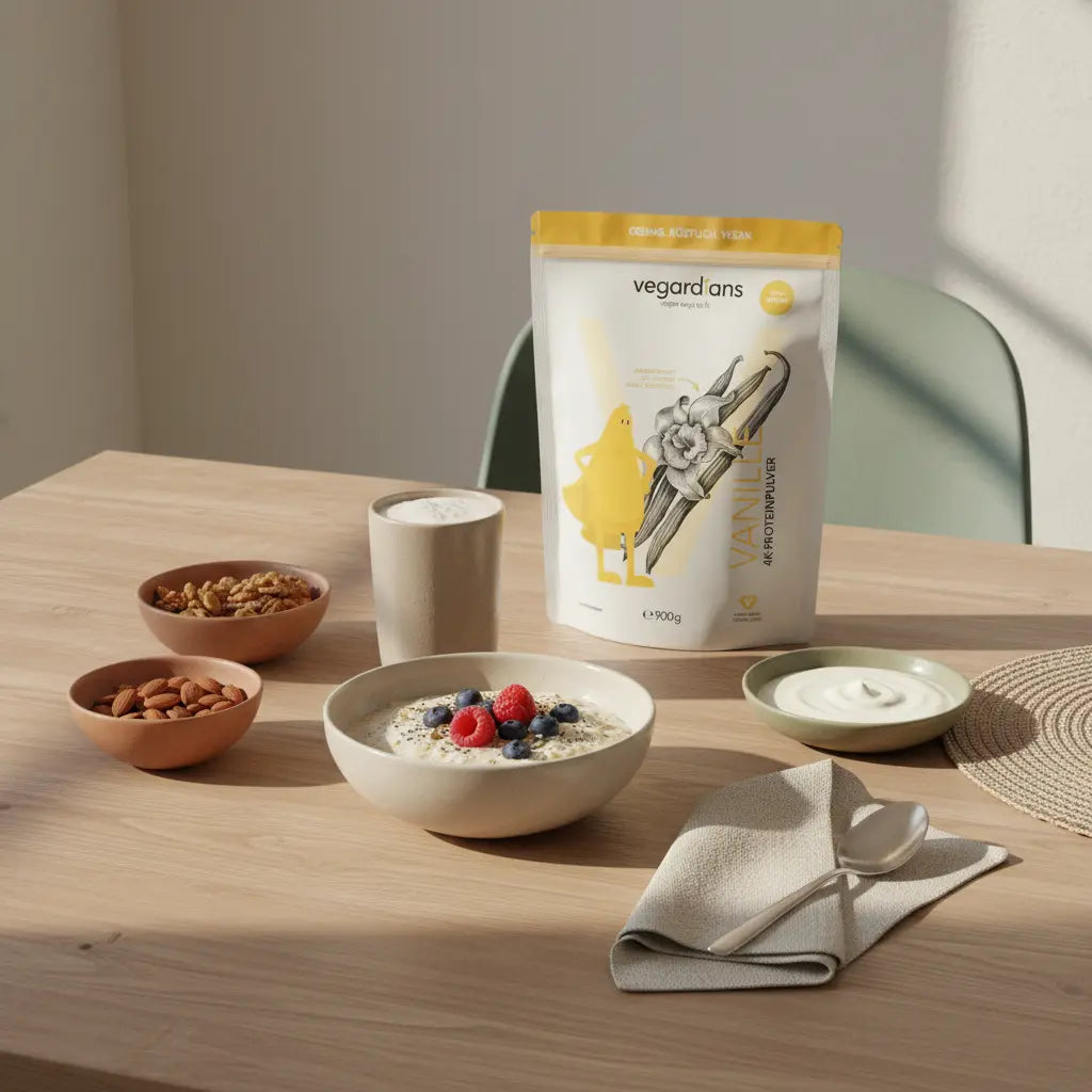 Veganes Frühstück auf nachhaltigem Holztisch mit Haferporridge, Beeren, Nüssen, Joghurt-Alternative und Proteinshake im sanften Morgenlicht – Szene zum abnehmen.