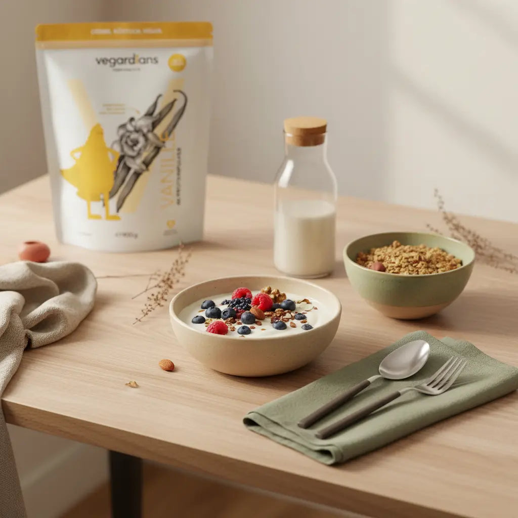 Veganes Frühstück auf nachhaltigem Holztisch mit Müsli, pflanzlichem Joghurt, Nüssen, Beeren und Shake in Morgenlicht — Abnehmplateau überwinden durch nährende Mahlzeiten.