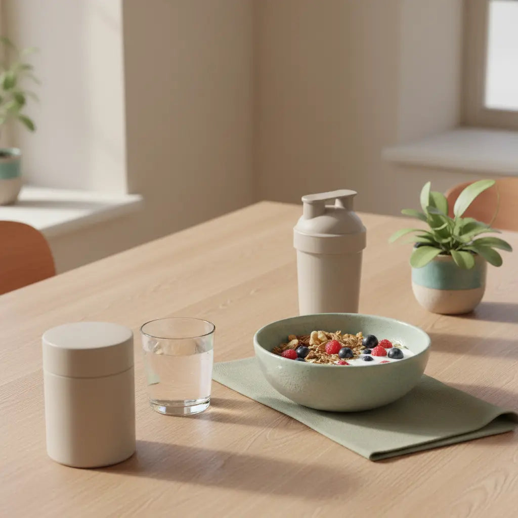 Minimalistisches Frühstück auf nachhaltigem Holztisch mit Müsli, pflanzlichem Joghurt, Nüssen, Beeren, Glas Wasser und dem Produkt aus den Referenzfotos – Abnehmprogramme