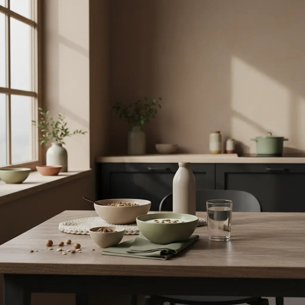 Minimalistischer Frühstückstisch in europäischer Küche mit Abnehmpulver-Produkt, Granola, veganem Joghurt, Nüssen und klarem Wasserglas im sanften Morgenlicht.