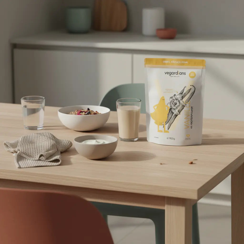 Minimalistisches Morgenfrühstück mit Shake, Müsli und Glas Wasser auf nachhaltigem Tisch in Salbei-Beige Tönen, abnehmshake testsieger 2025
