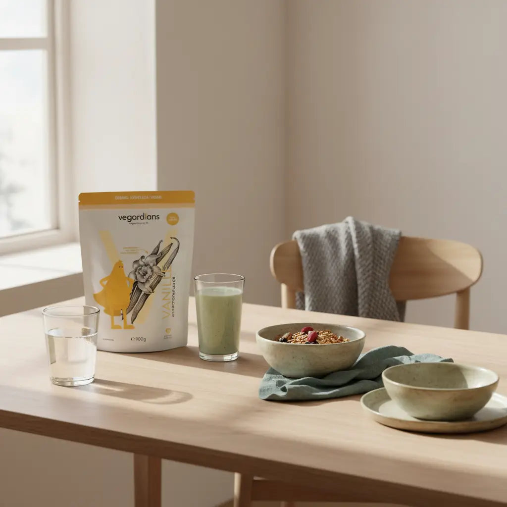 Minimalistisches Frühstück mit Abnehmshakes: nachhaltiger Holztisch, Glas Wasser, Müsli mit Nüssen und veganer Shake im sanften Morgenlicht.