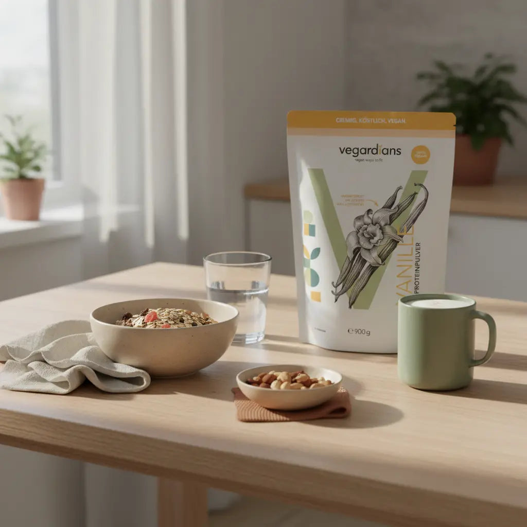 Minimalistische europäische Küchenszene bei Morgenlicht: nachhaltiger Holztisch mit Glas Wasser, Müsli, Nüssen und pflanzlichem Shake – Abnehmshakes im Fokus, warme beige‑ und salbeitöne.