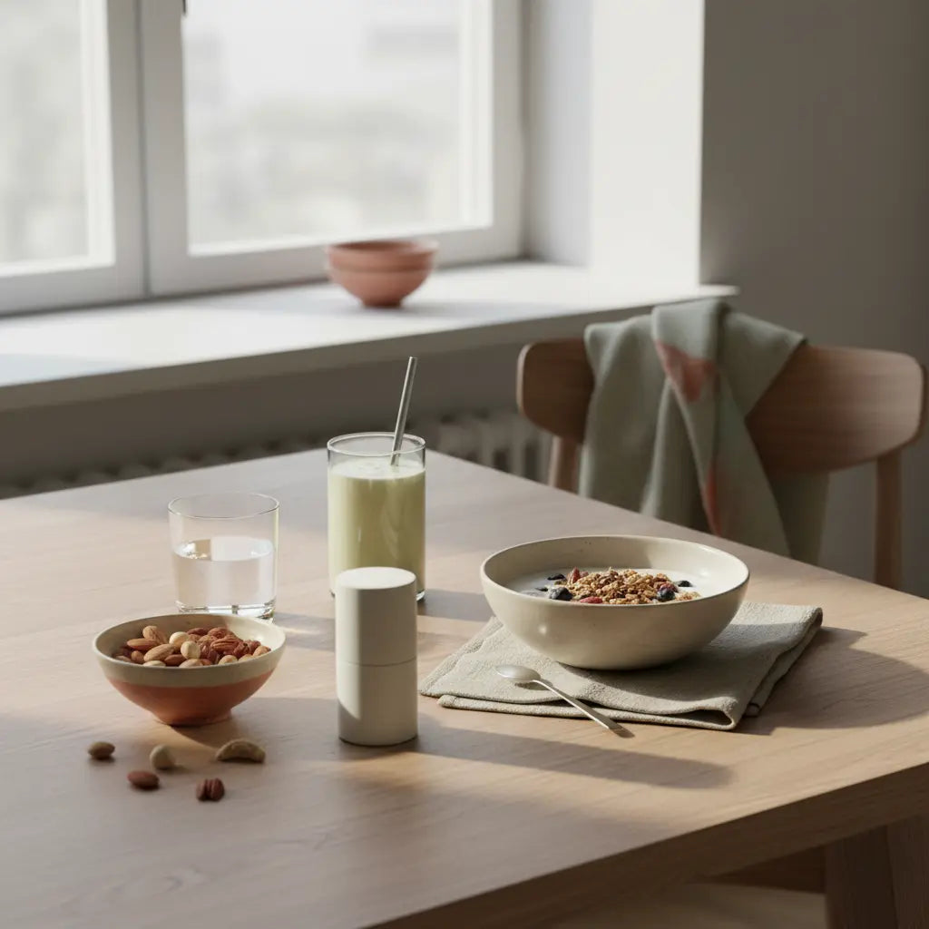 Minimalistische Frühstücksszene mit veganem Müsli, Nüssen und einem Shake auf nachhaltigem Holztisch im Vegardians-Stil, ruhige Morgenatmosphäre – abnehmshakes