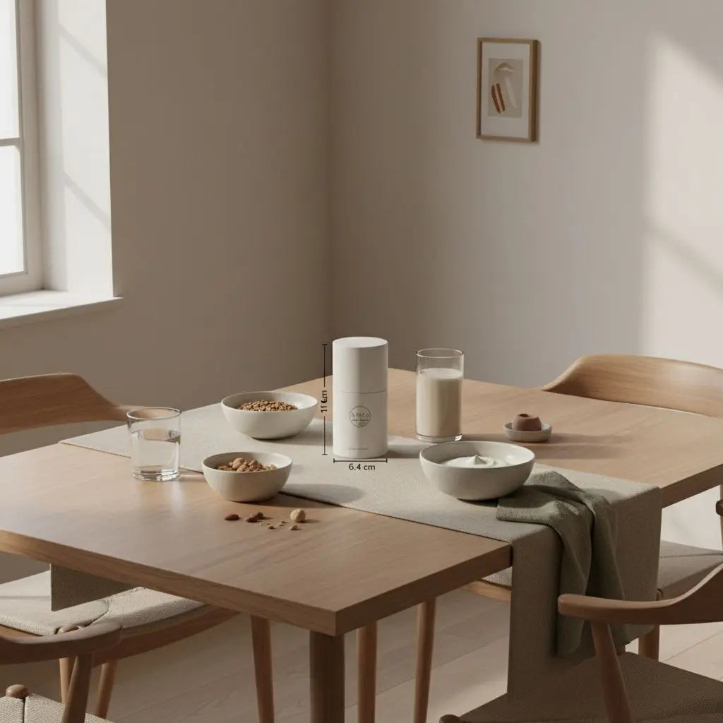 Minimalistisches Frühstück mit Granola, pflanzlichem Joghurt, Nüssen, Shake und Abnehmspritze auf sauberem, nachhaltigem Holztisch im warmen Morgenlicht.