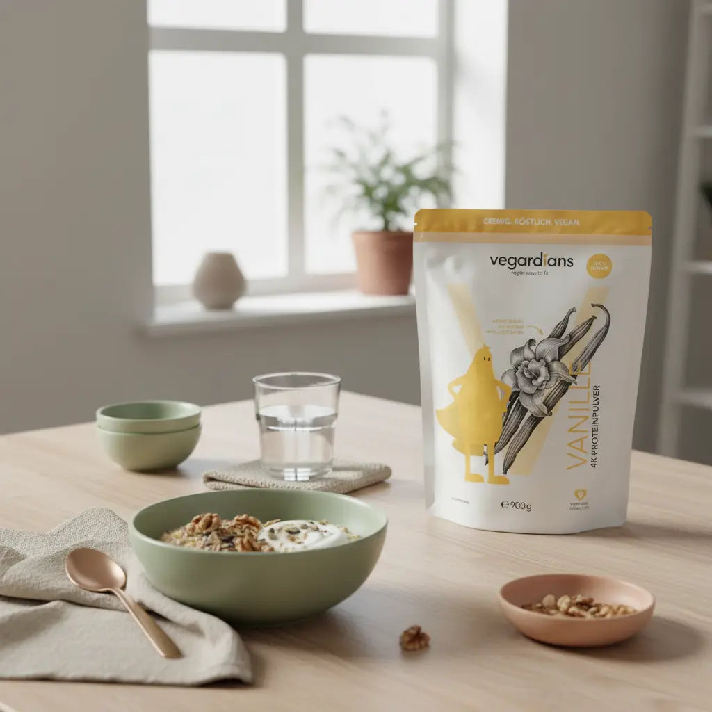 Minimalistische Frühstücksszene mit veganer Müsli-Schale, Glas Wasser und dem Produkt aus den Referenzfotos auf Holztisch im Morgenlicht – Aminosäuren Muskelaufbau