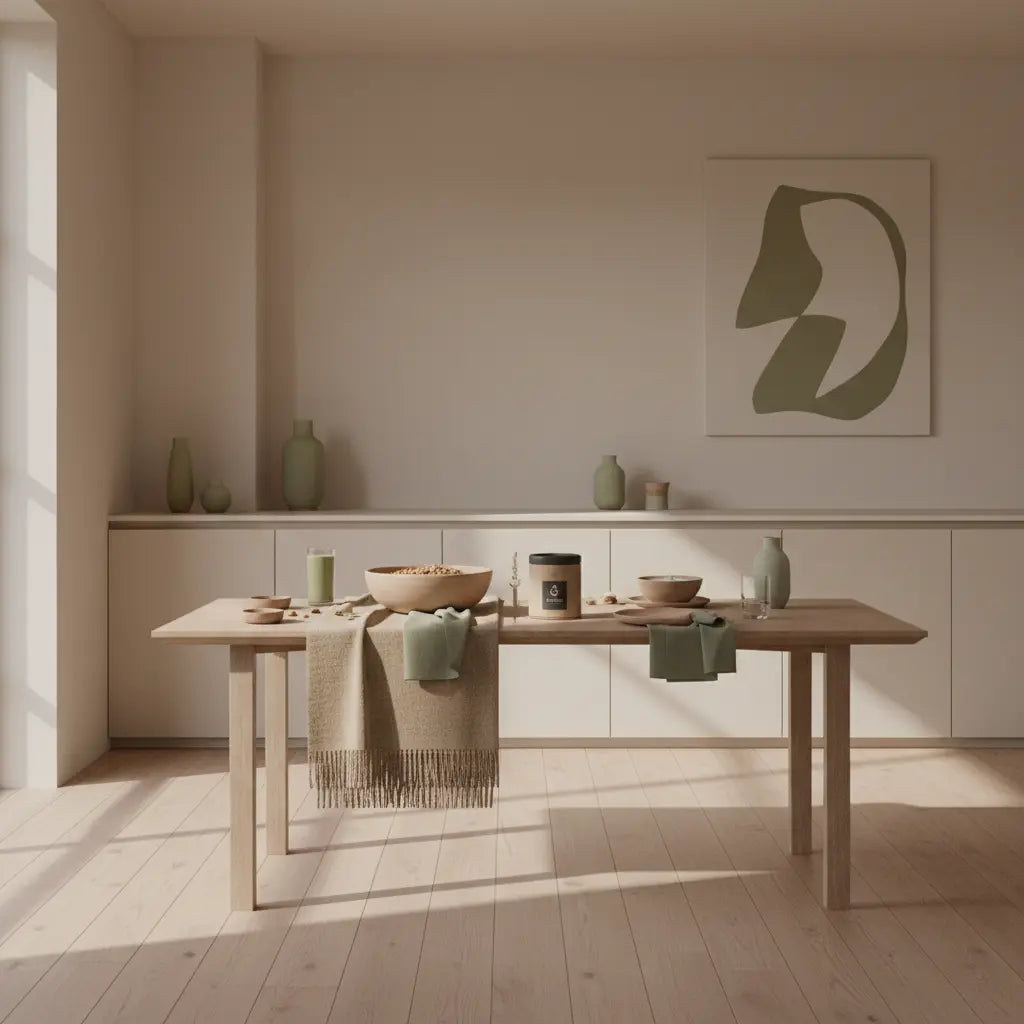 Minimalistisches Frühstück mit Granola, pflanzlichem Joghurt, Nüssen und Shake auf nachhaltigem Tisch im warmen Morgenlicht – gegen Antriebslosigkeit im Winter.