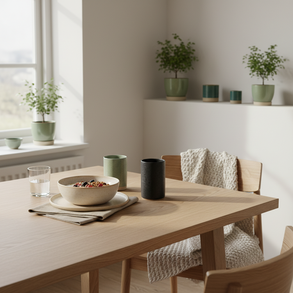 Veganes Frühstück mit Granola, pflanzlichem Joghurt, Nüssen und Shake auf minimalistischem Tisch mit winterlichen Texturen – Antriebslosigkeit im Winter visualisiert.