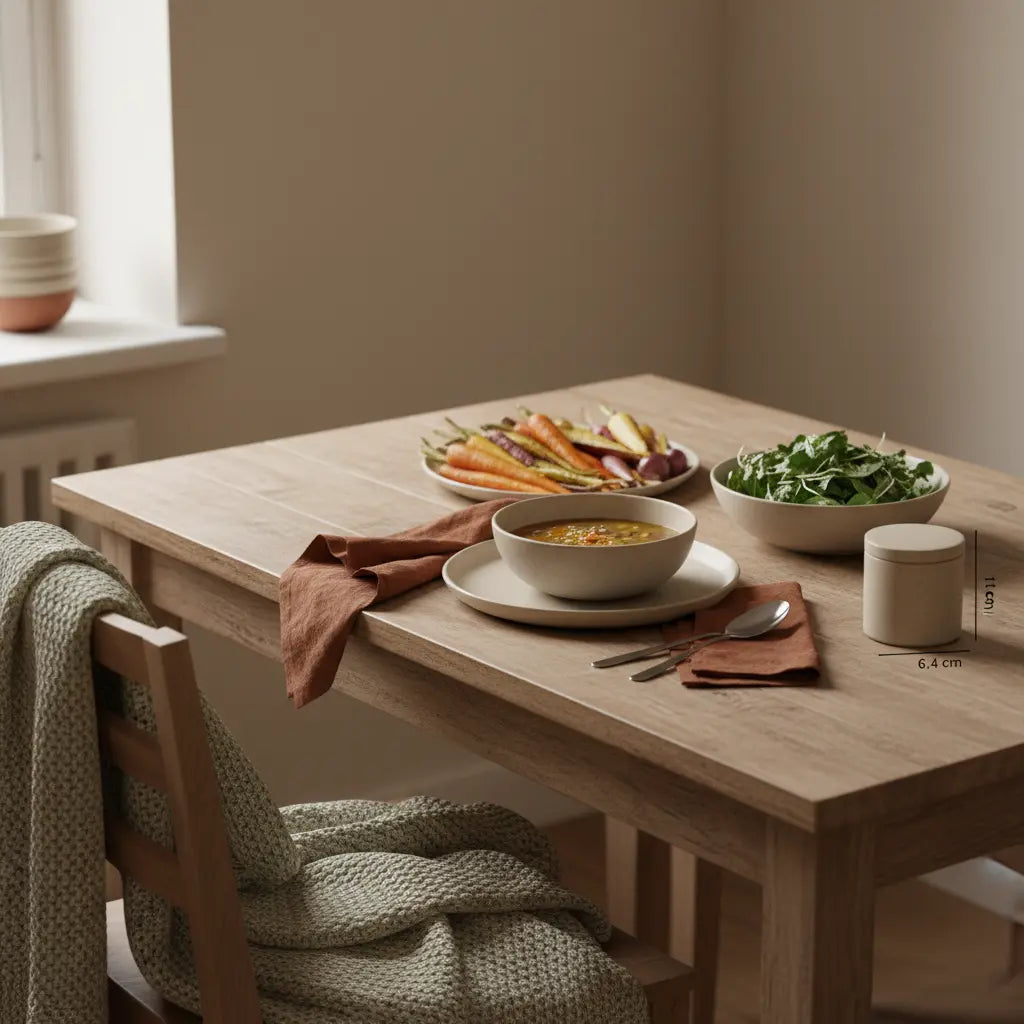 Gemütliche Esstischszene mit veganer Linsensuppe, geröstetem Gemüse und dem Produkt aus Referenzfotos – Antriebslosigkeit überwinden durch nährende Mahlzeit.