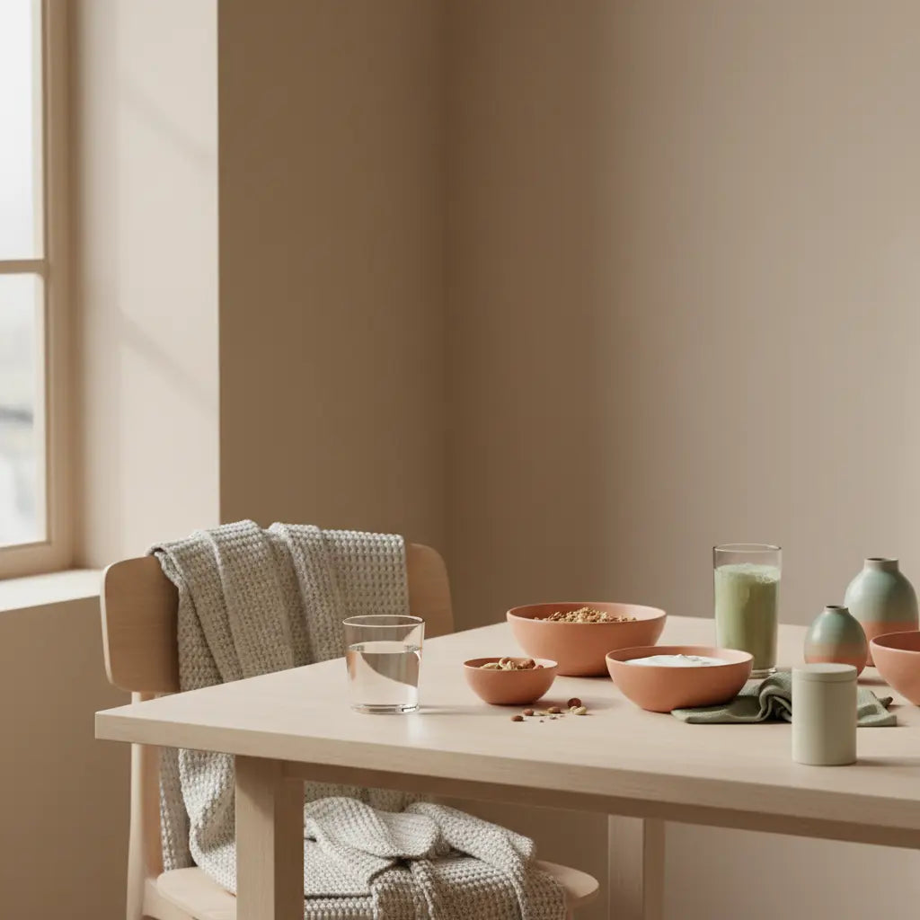 Minimalistisches Frühstück in europäischer Küche mit Granola, pflanzlichem Joghurt, Nüssen, Shake und Wasserglas in ruhiger Beige-Salbei-Terrakotta-Palette, auf pflanzlicher Basis.