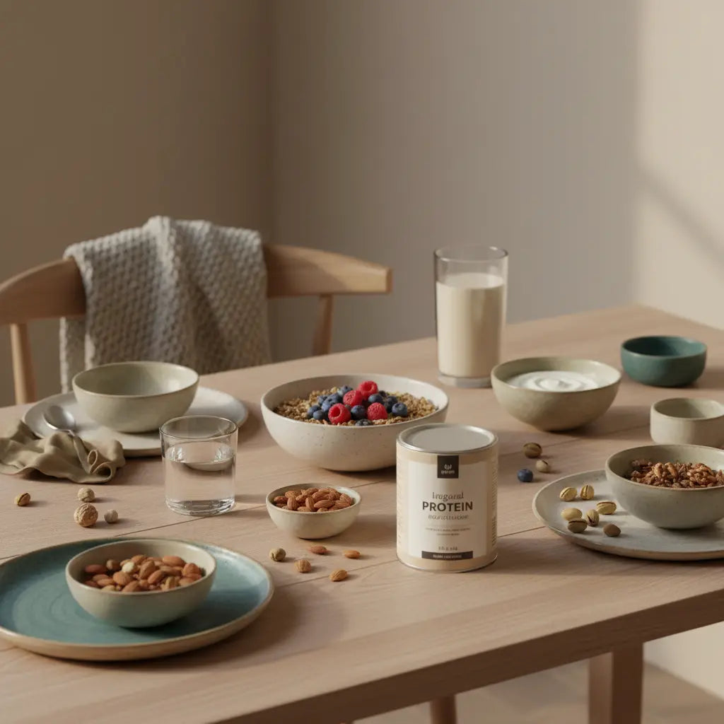 Veganer Frühstückstisch mit Müsli, Beeren, pflanzlichem Joghurt, Nüssen und Shake auf nachhaltigem Holztisch – Stillleben für ausgewogene ernährung im sanften Morgenlicht.