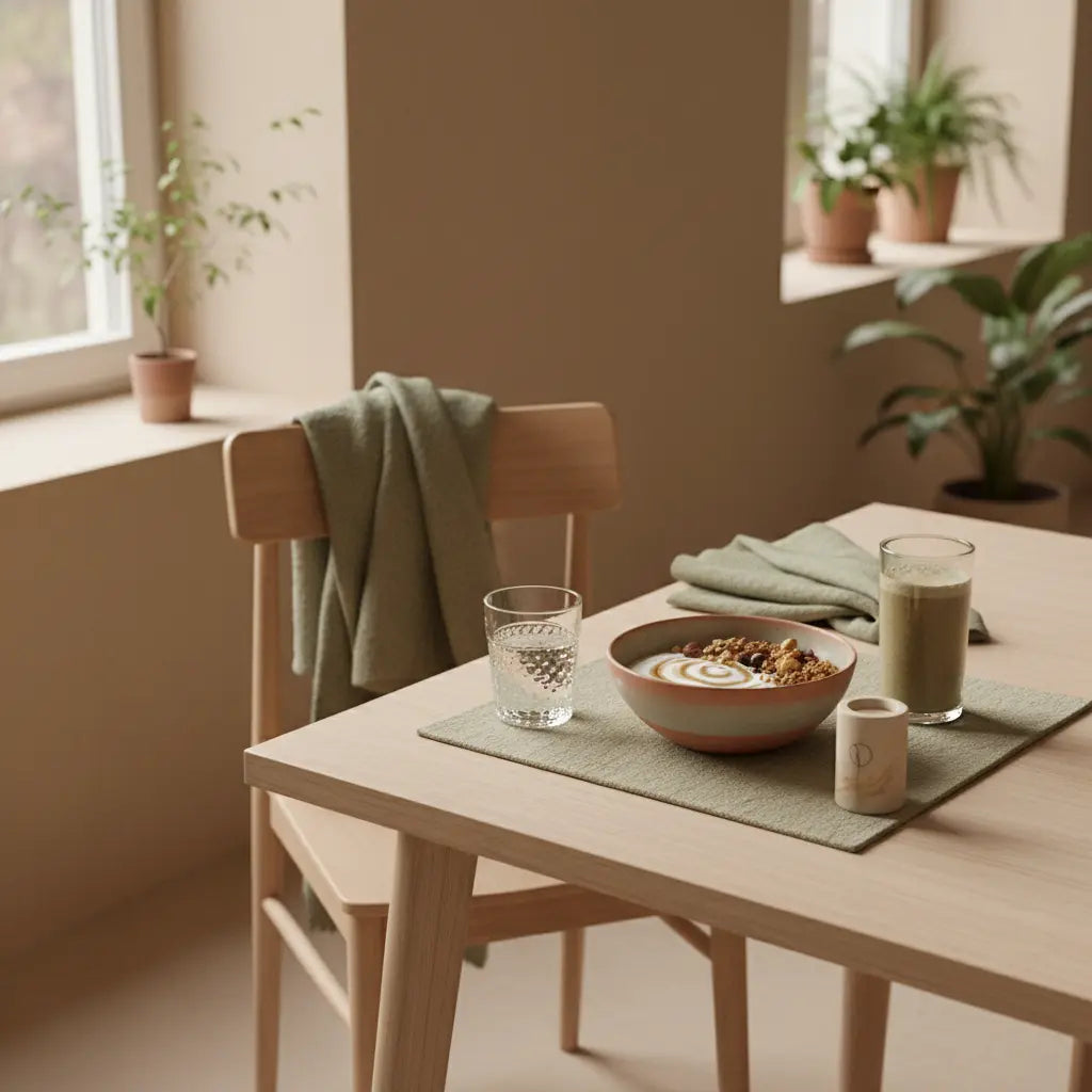 Minimalistisches Frühstück in europäischer Küche: Granola mit pflanzlichem Joghurt, Nüssen und Shake auf nachhaltigem Tisch – ausgewogene vegane ernährung