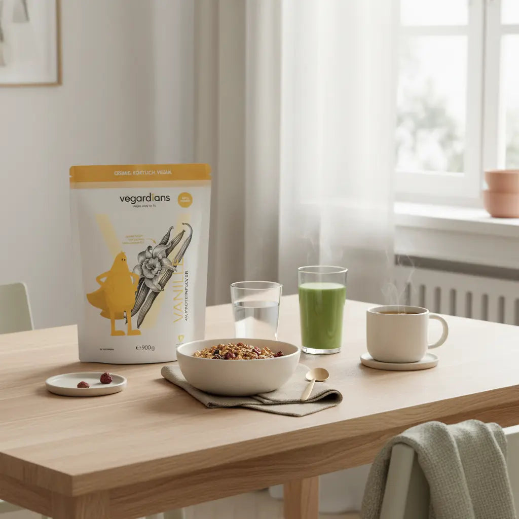 Fullframe-Morgenszene: nachhaltiger Holztisch mit basischer Mahlzeit (Müsli mit Nüssen), Urglas Wasser, Kräutertee und grünem Smoothie; ruhiges Morgenlicht; Basenkur