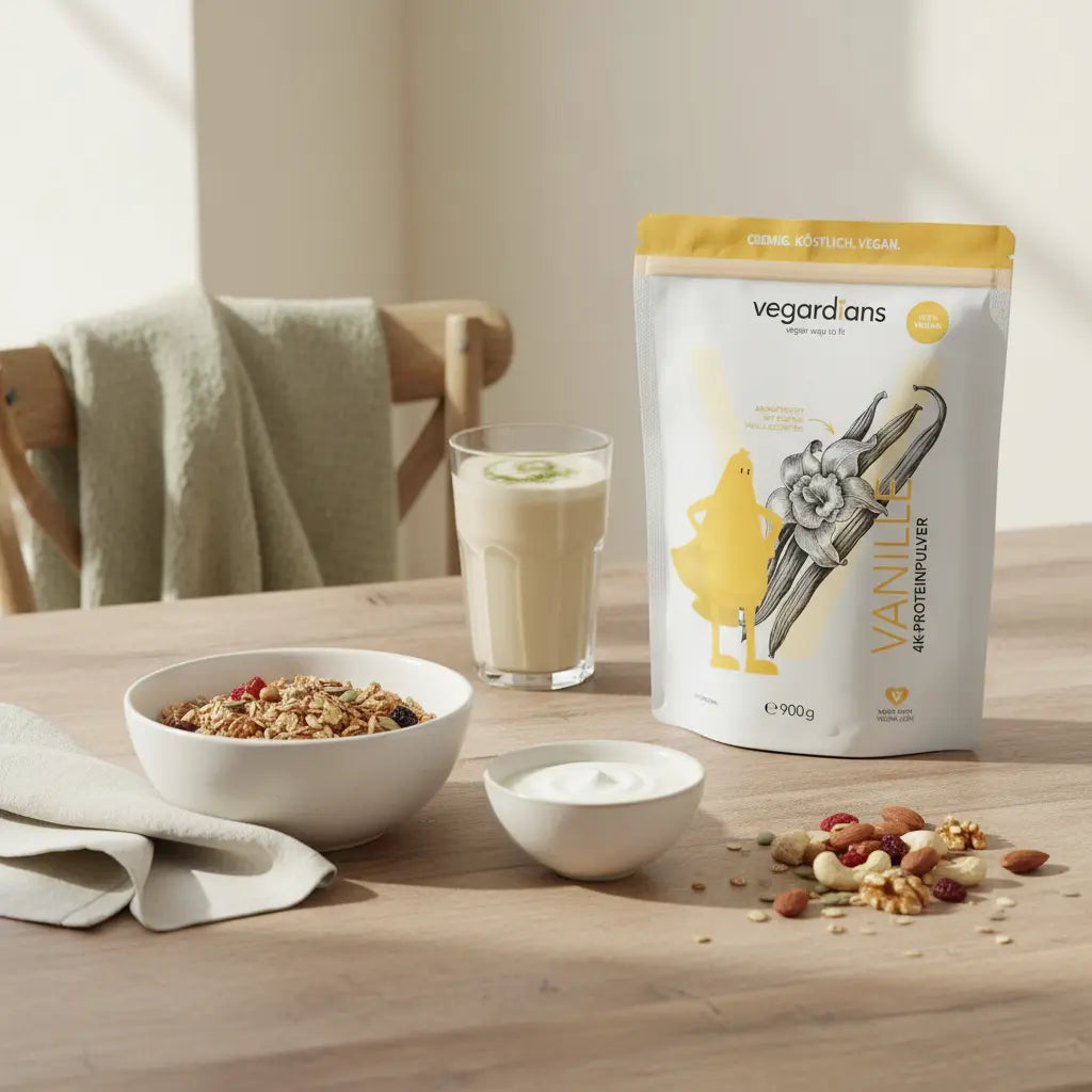 Minimalistisches Morgenstillleben in europäischer Küche mit veganem Frühstück, Vegardians-Produkt auf dem Tisch – stimmungsvolle Szene für bauch-beine-po training