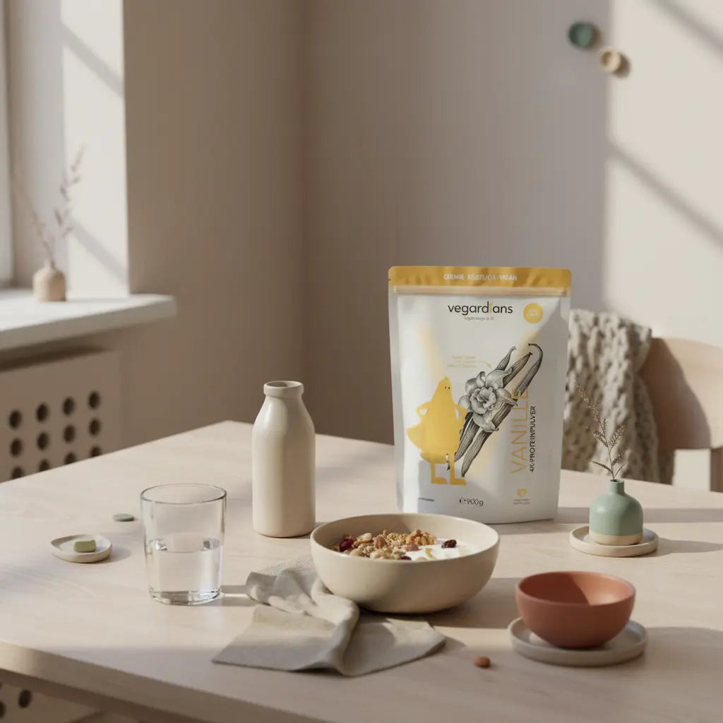 Morgendliche Küchenaufnahme: nachhaltiger Holztisch mit Glas Wasser, Müsli mit pflanzlichem Joghurt, Nüssen und Proteinshake in Keramikflasche – ruhige Beige‑Salbei‑Terracotta Palette. Bauchfett ab 40