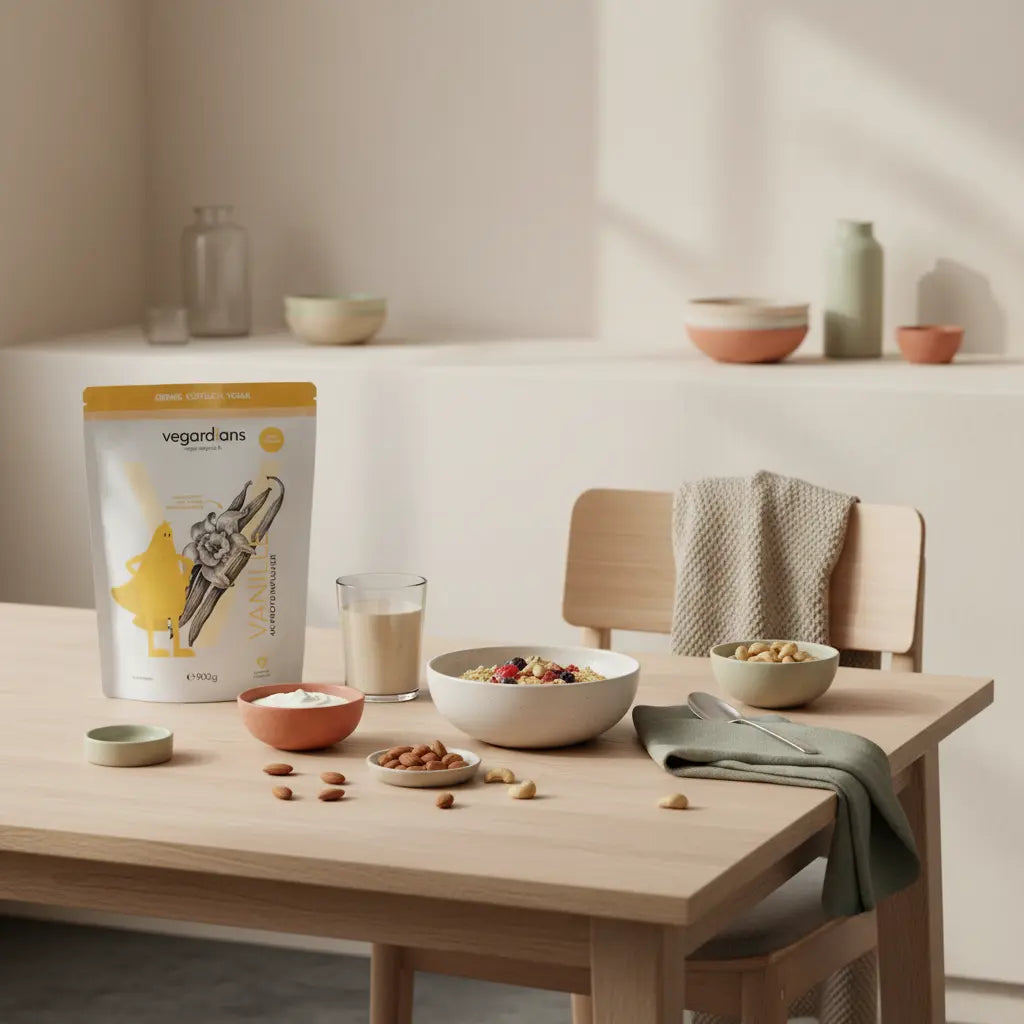 Minimalistische Morgenküche mit veganer proteinreichen Mahlzeit auf Holztisch, Keramikschalen, Leinen und Wolltexturen – Bauchfett im Alter reduzieren