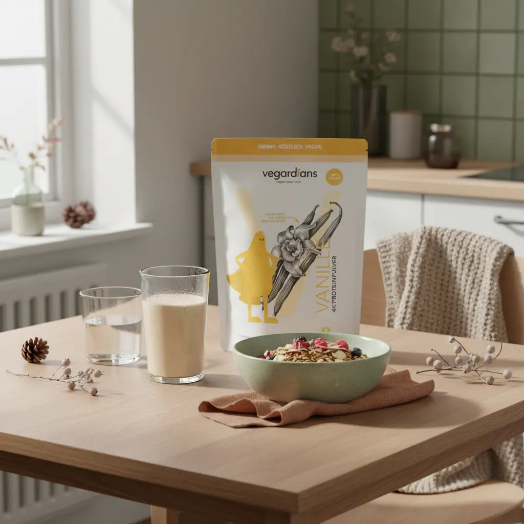 Minimalistisches Frühstück mit veganem Müsli und Plant‑Protein‑Shake auf nachhaltigem Holztisch im Morgenlicht, Vegardians-Ästhetik – Bauchfett in 4 Wochen verlieren