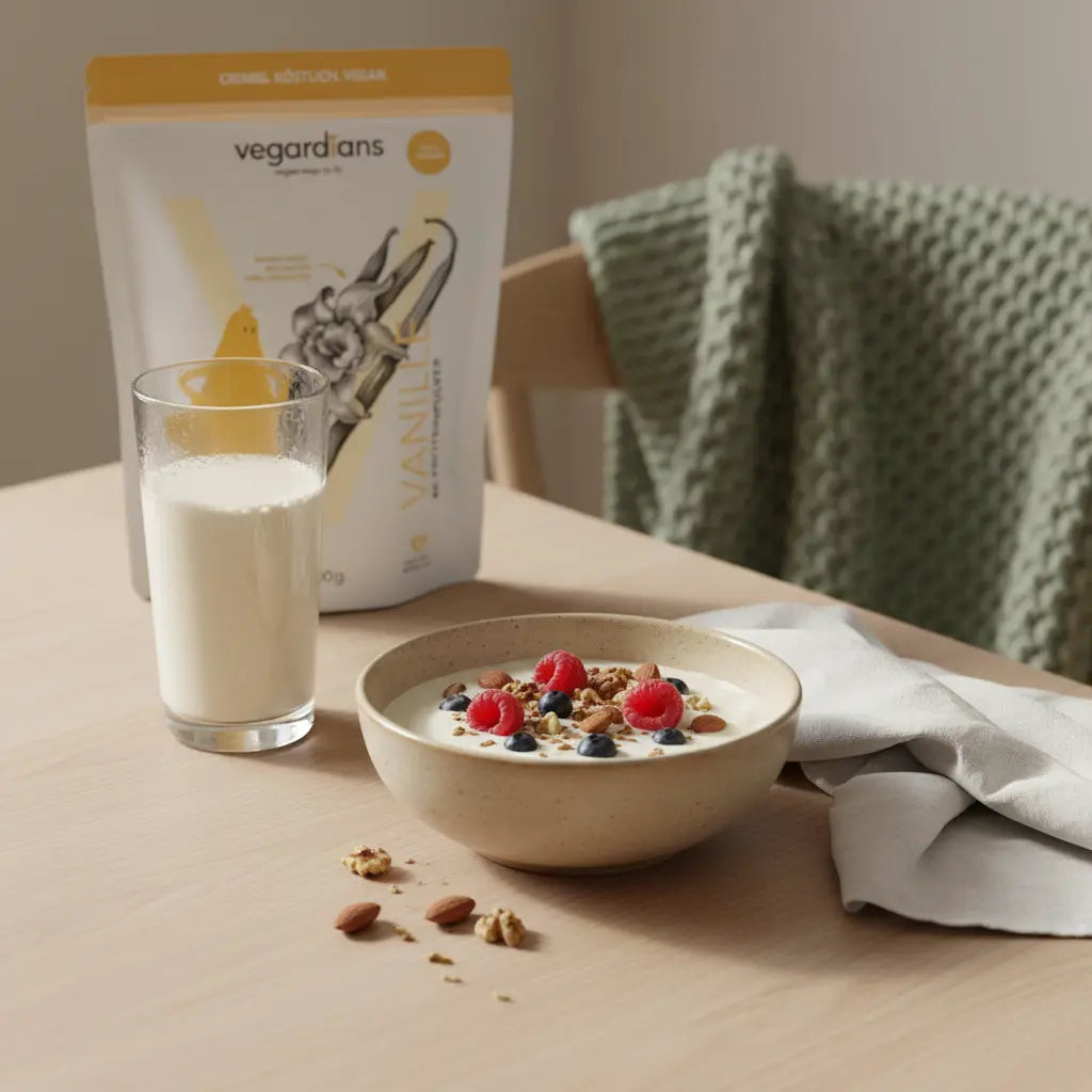 Vegane proteinreiche Frühstücksschale und Proteinshake auf nachhaltigem Holztisch im sanften Morgenlicht – Bildkonzept zu Bauchfett in den Wechseljahren.