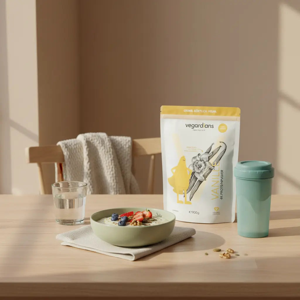 Minimalistische Morgen-Szene in europäischer Küche mit Proteinporridge, Beeren, Nüssen, Wasserglas und Shake (Produkt aus Referenzfotos) auf nachhaltigem Tisch – bauchfett reduzieren frau