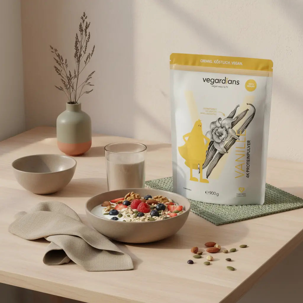 Minimalistisches veganes Frühstück mit Joghurt, Beeren, Hafer, Nüssen und dezent platziertem Produkt – Szene zur Anregung, bauchfett reduzieren durch bewusstes Essen.