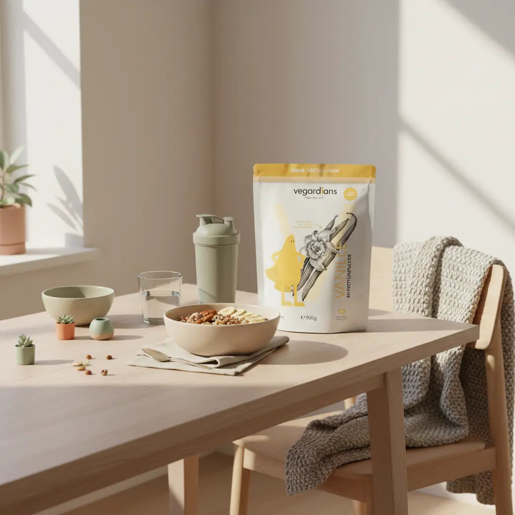 Minimalistisches Morgenfrühstück mit pflanzenbasiertem Müsli, Glas Wasser, neutralem Proteinshake und dem Produkt aus den Referenzfotos auf Holztisch – Fokus auf Bauchfett reduzieren.
