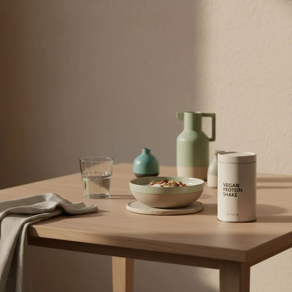 Sanfte Morgenküche mit nachhaltigem Holztisch, Müsli, veganem Shakeglas und winterlichen Texturen – inspirierend beim bauchfett reduzieren