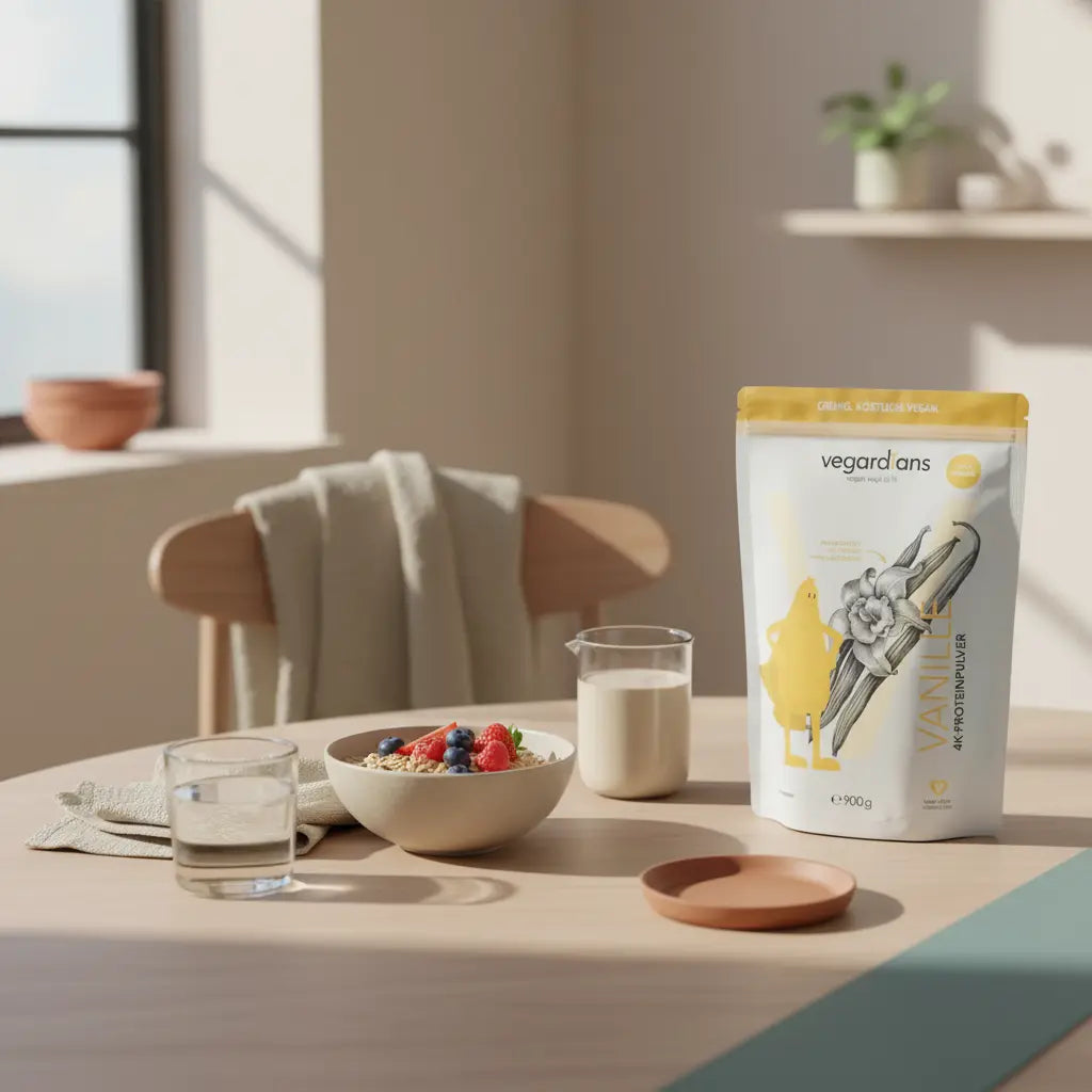 Minimalistische Morgen-Küchenszene mit Müsli, Beeren, Glas Wasser, Shake und Produkt auf nachhaltigem Holztisch – inspirierend für Bauchfett reduzieren durch bewusste Ernährung.