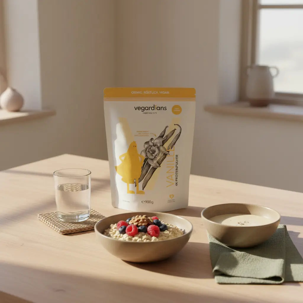 Minimalistisches Frühstücksstillleben in europäischer Küche mit Holztisch, Glas Wasser, Müsli, Beeren und veganem Shake — Bauchfett reduzieren ohne Sport