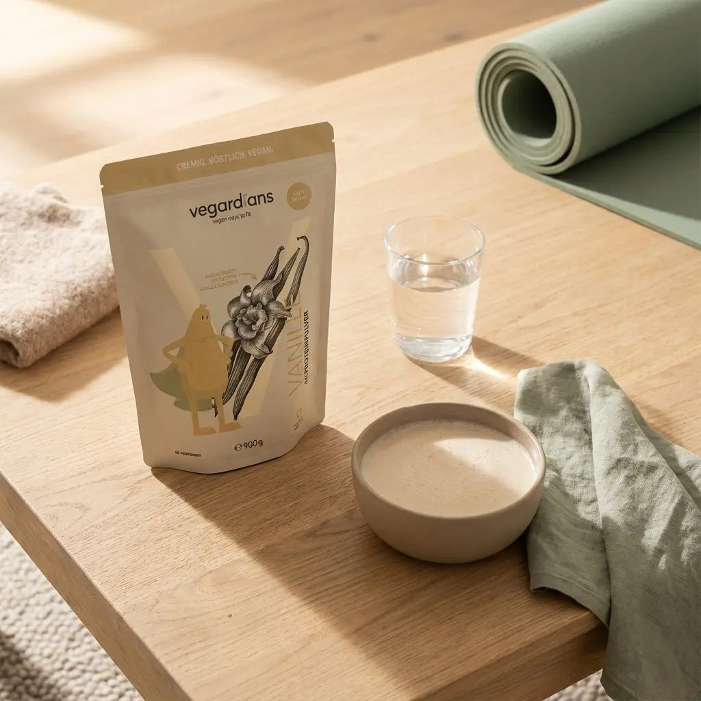 Minimalistisches Trainings- und Ernährungsstilleben auf Holztisch mit Glas Wasser, veganem Shake in Keramikschale und aufgerollter Yogamatte im Morgenlicht — Bauchfett reduzieren.