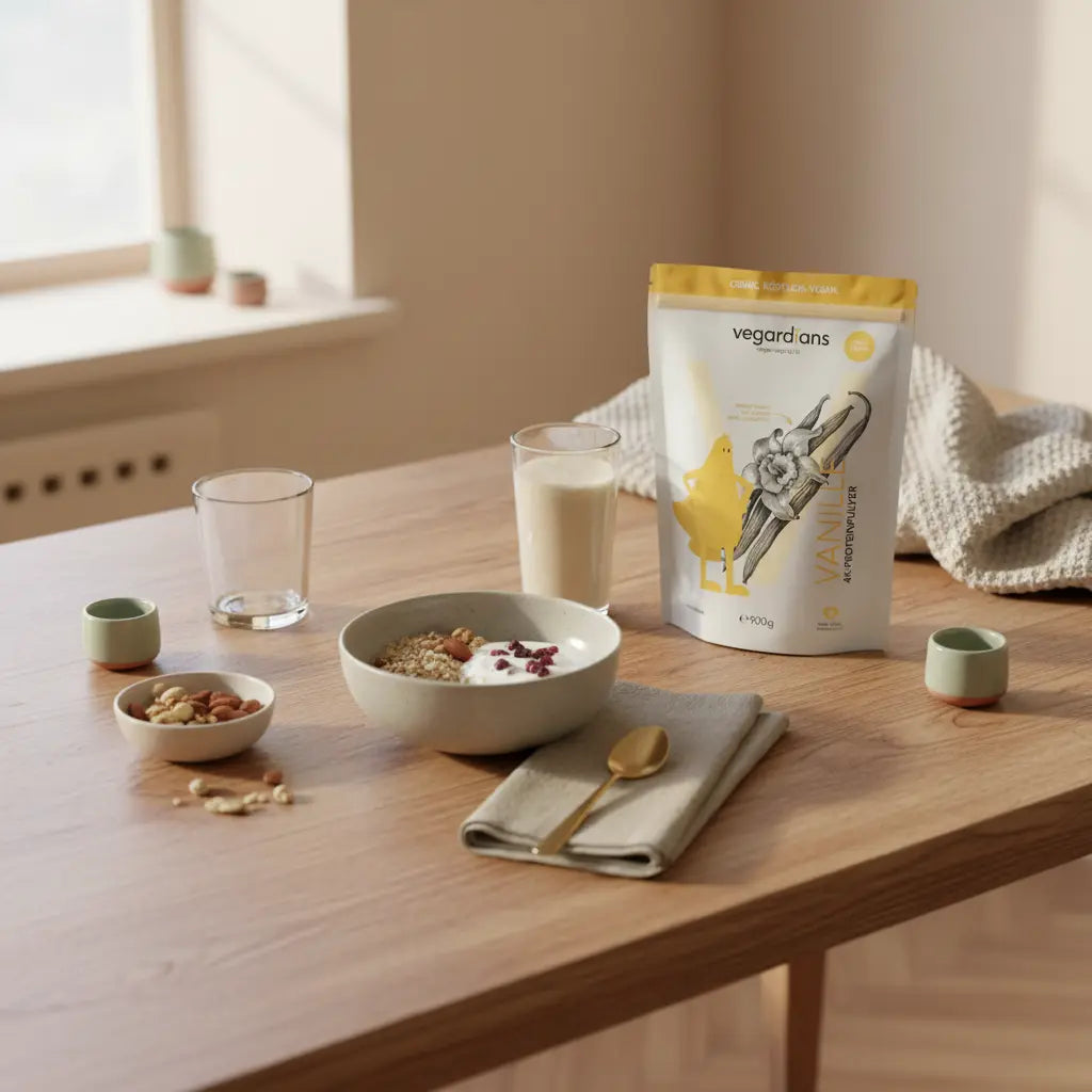 Minimalistisches Frühstück auf nachhaltigem Holztisch mit Müsli, pflanzlichem Joghurt, Nüssen, Protein-Shake und Glas Wasser im sanften Morgenlicht – Bauchfett schnell verlieren