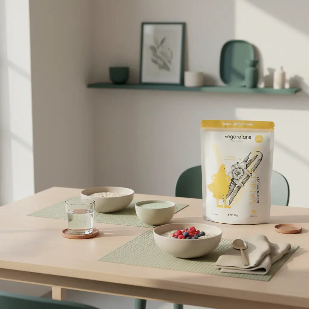 Ruhige Küchenaufnahme: nachhaltiger Holztisch mit Hafer, Beeren und pflanzlichem Shake in Keramikschale, bewusst nährend und minimalistisch – Bauchfett schneller verlieren