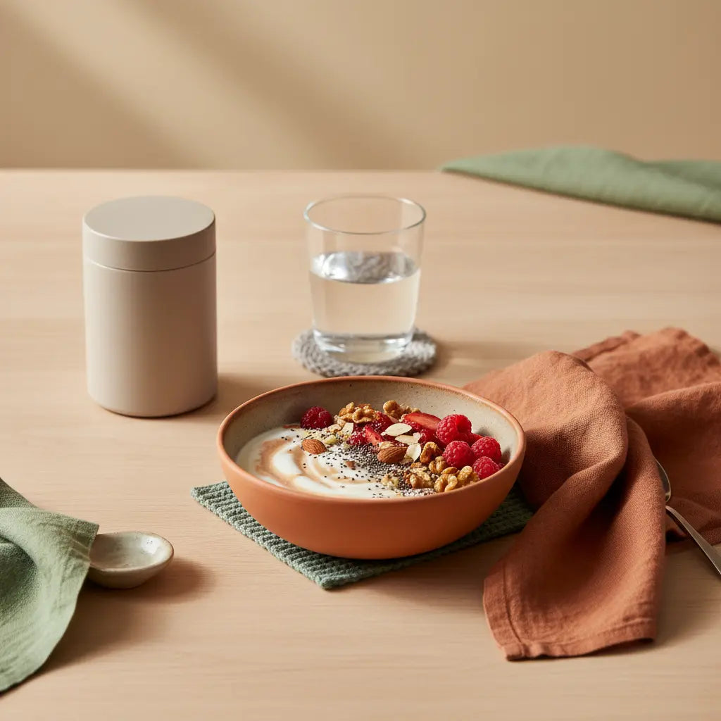 Minimalistisches Frühstück mit proteinreichem Müsli, Glas Wasser und geschlossenem Proteinpulver-Glas auf hellem Holztisch im Morgenlicht – Bauchfett verlieren