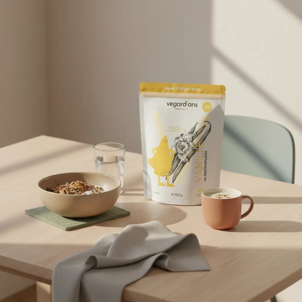 Minimalistisches veganes Frühstück in europäischer Küche mit Müsli, pflanzlichem Joghurt, Nüssen, Glas Wasser, Proteinshake und Vegardians-Produkt auf Holztisch – Bauchfett verlieren