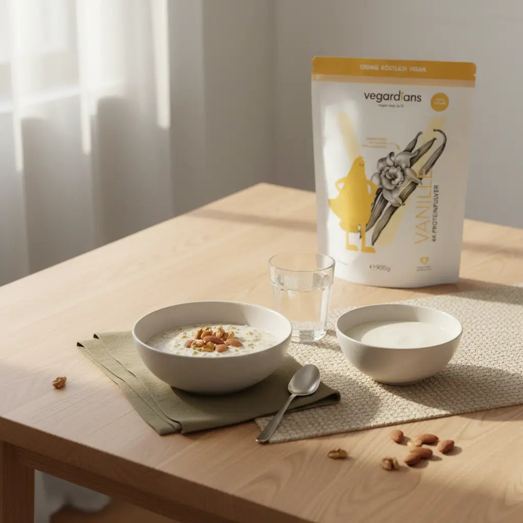 Minimalistisches veganes Frühstück im Morgenlicht auf Holztisch mit Haferflocken, Nüssen, Wasserglas und Proteinshake – nährend, bewusst und fürs Bauchfett verlieren