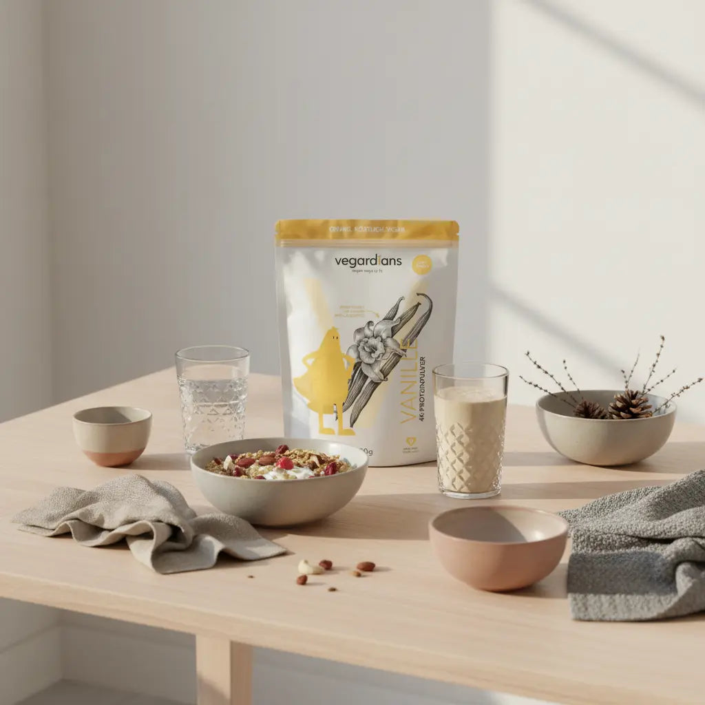 Minimalistisches veganes Frühstück mit Müsli-Bowl, Wasserglas, Leinen- und Wolltexturen und dem Produkt aus den Referenzfotos auf hellem Tisch – bauchfett verlieren durch bewusste Ernährung