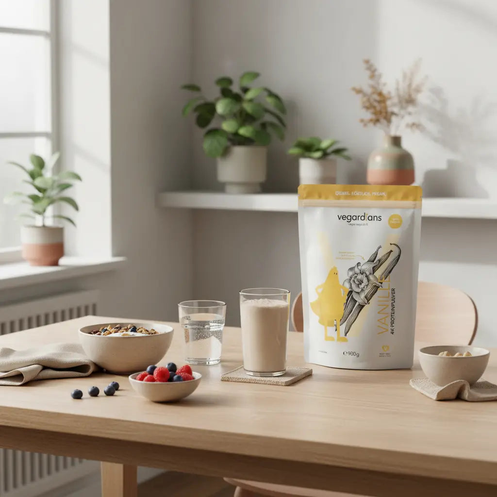 Veganer Frühstückstisch in Morgenlicht mit Proteinshake, Müsli, Beeren und Glas Wasser – Bauchfett verlieren Tipps ab 50, ruhige minimalistische Vegardians-Ästhetik