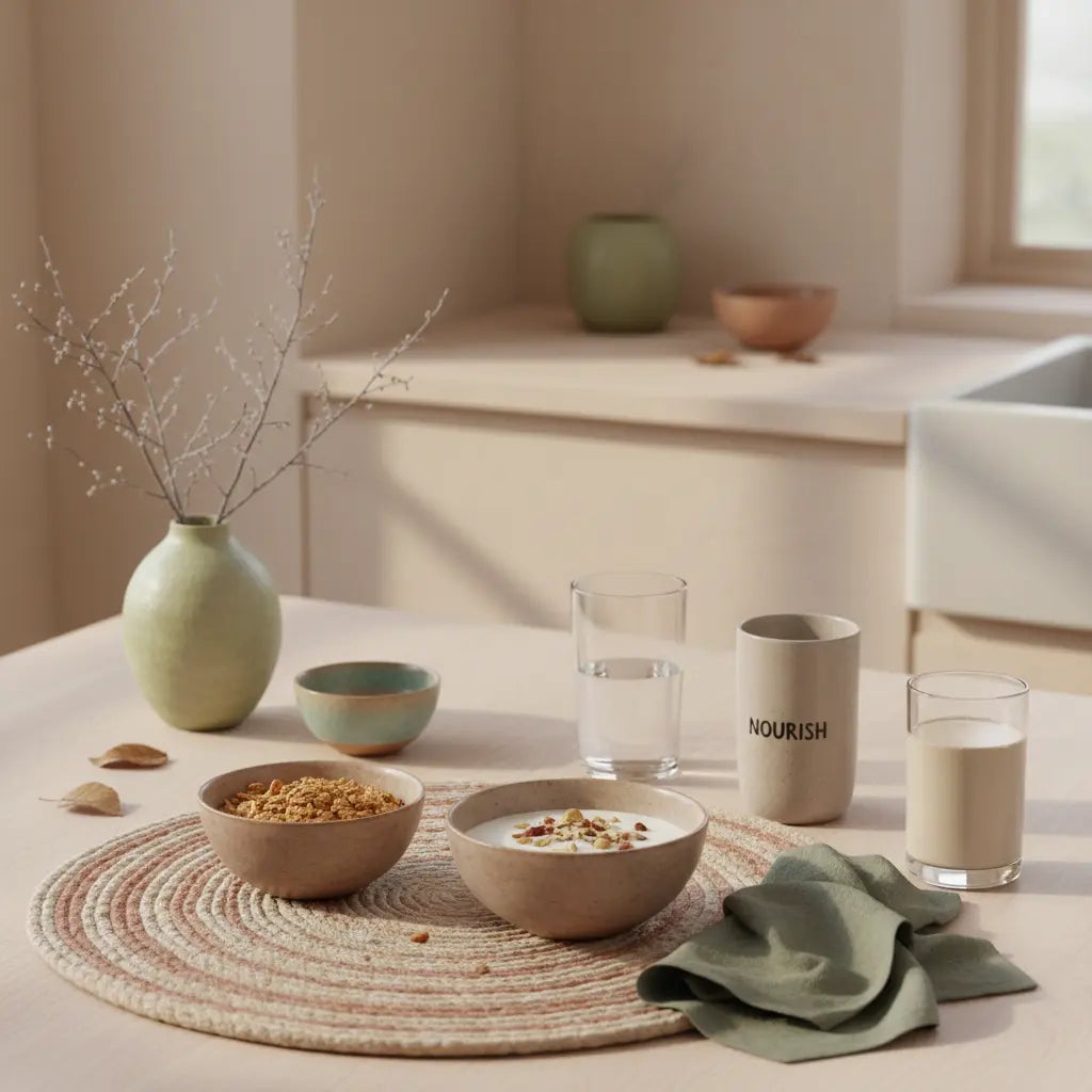 Veganes Frühstück mit Granola, Joghurt, Nüssen und Protein-Shake in ruhigen Erdtönen auf nachhaltigem Tisch-Setting in einer europäischen Küche für bauchmuskeln ernährung