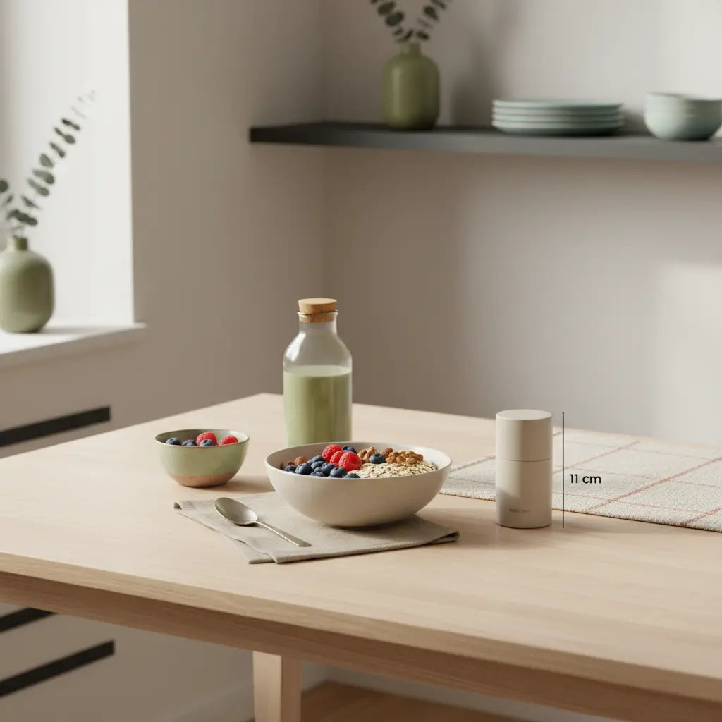 Veganes proteinreiches Frühstück mit Hafer, Beeren, Nüssen und Shake auf nachhaltigem Holztisch – Bauchspeck schnell loswerden mit nahrhafter Morgenroutine