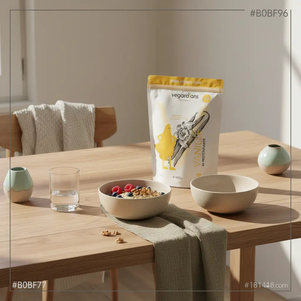 Minimalistische europäische Küchenaufnahme mit pflanzlichem Müsli, Glas Wasser und neutralem Proteinshake auf dem Tisch – ruhige Szene zum Bauchumfang reduzieren.