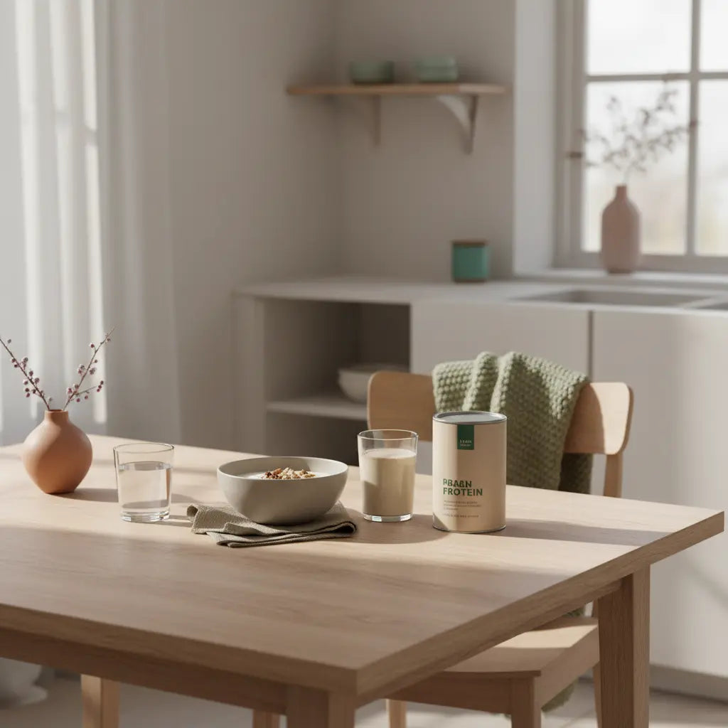 Minimalistisches Frühstück auf nachhaltigem Holztisch im Morgenlicht mit Müsli, pflanzlichem Joghurt und Shake – ruhige, nährende Szene zum bauchumfang verkleinern.