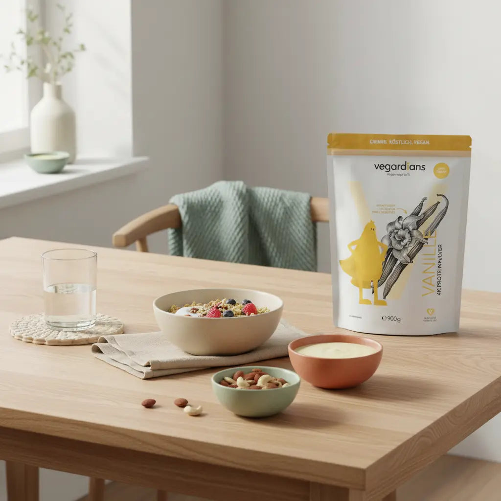 Minimalistische europäische Küchen-Szene im Morgenlicht mit nachhaltigem Holztisch, Glas Wasser, veganem Müsli, Nüssen, Shake und Vegardians BCAA-Produkt.