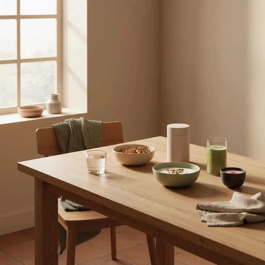 Minimalistisches Frühstück mit Granola, pflanzlichem Joghurt, Nüssen und Shake auf nachhaltigem Tisch in einer europäischen Küche, ideal für die BCM-Diät.