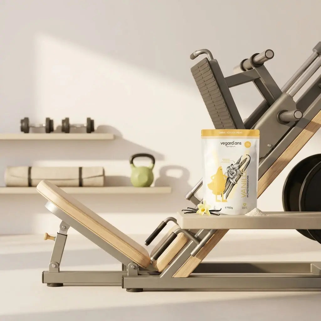 Beinpresse po im minimalistischen, sonnigen Trainingsraum mit aufgeräumtem Hintergrund in Beige, Salbei und Terrakotta, klare Vegardians-Ästhetik, keine Personen.